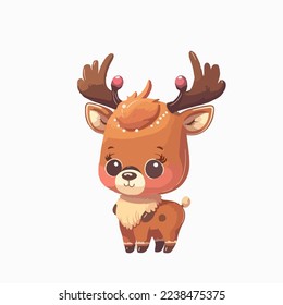 Cute Christmas deer isolated background.Christmas deer logo.Smile deer. Cute Christmas deer. Funny reindeer cartoon. Cute reindeer isolated on light color background. logo, copy space. Design assest.