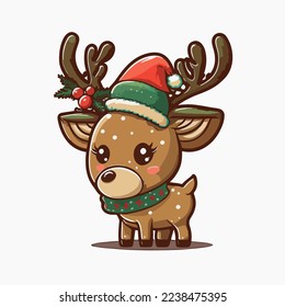 Cute Christmas deer isolated background.Christmas deer logo.Smile deer. Cute Christmas deer. Funny reindeer cartoon. Cute reindeer isolated on light color background. logo, copy space. Design assest.