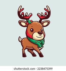 Cute Christmas deer isolated background.Christmas deer logo.Smile deer. Cute Christmas deer. Funny reindeer cartoon. Cute reindeer isolated on light color background. logo, copy space. Design assest.