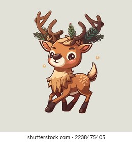 Cute Christmas deer isolated background.Christmas deer logo.Smile deer. Cute Christmas deer. Funny reindeer cartoon. Cute reindeer isolated on light color background. logo, copy space. Design assest.