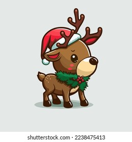 Cute Christmas deer isolated background.Christmas deer logo.Smile deer. Cute Christmas deer. Funny reindeer cartoon. Cute reindeer isolated on light color background. logo, copy space. Design assest.
