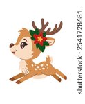 Cute Christmas deer jumping forward. Cartoon childish smiling deer with decorations. Isolated on white background. Christmas character.