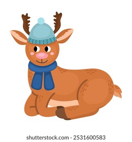 A cute Christmas deer in a kawaii winter suit. This adorable character with big eyes and a cozy scarf is perfect for creating a festive mood. 