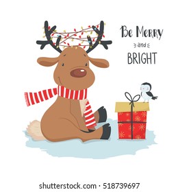 Cute Christmas deer and little bird   gift  Reindeer white background  Cartoon vector illustration