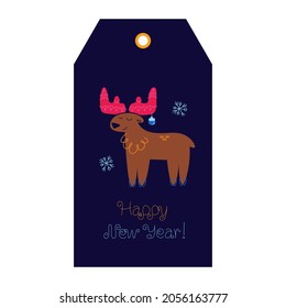 Cute Christmas deer, Merry Christmas, Happy New Year template gift tag label. Vector art