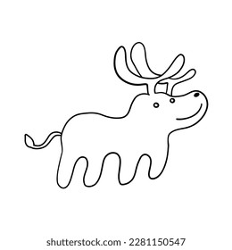 Cute Christmas Deer in outline doodle style. Vector illustration isolated on white background.