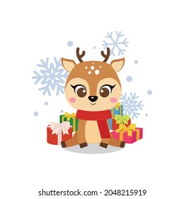 Cute Christmas deer with pile of presents. Flat vector cartoon design