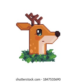 Cute Christmas deer. Pixel art style. Vector cartoon illustration