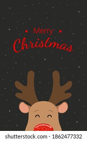 Cute christmas deer with red glowing nose. Merry Christmas. Dark background with snow. Vector illustration.