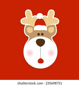 Cute christmas deer with red hat. Merry christmas greeting card.