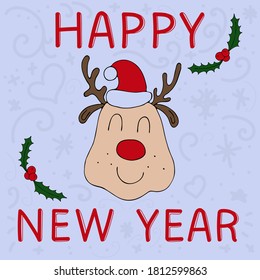 cute christmas deer with red nose and santa hat with the inscription happy new year on a blue background, cute picture for new year and christmas, vector illustration for a postcard in doodle style