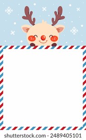 Cute Christmas deer with red nose holding empty paper or wish list. Merry Christmas and Happy New Year. Cute cartoon vector illustration. Template for greeting card or letеr