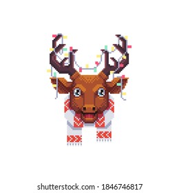 Cute Christmas deer with scarf and garland. Pixel art style. Vector illustration