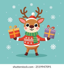 A cute Christmas deer in a scarf with gifts. Christmas card, banner.  It can be used in web design, social media, and print.