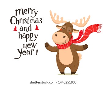 A cute Christmas deer with a scarf. Handwriting text, lettering. Vector isolate on white background.