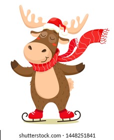 A cute Christmas deer with a scarf skating and wearing a Santa Claus hat. Vector isolate on white background.