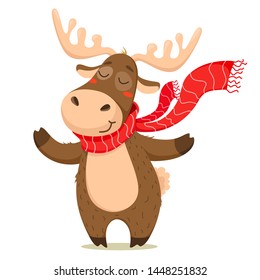 A cute Christmas deer with a scarf. Vector isolate on white background.