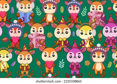 Cute Christmas deer seamless pattern. Christmas background with winter characters, colorful cartoon reindeer in winter hats, with hearts, gifts and sweets. Vector 