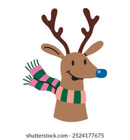 Cute Christmas deer with striped scarf. Trendy modern vector illustration isolated on white background, hand drawn, flat design