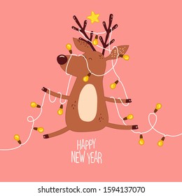 Cute Christmas deer in Christmas tree garland  Merry Christmas   Happy New Year card  Use for card  poster  banner  web design   print t  shirt  Easy to edit  Vector illustration 