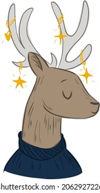 Cute Christmas deer in Christmas tree garland. Merry Christmas and Happy New Year card. Use for card, poster, banner, web design and print on t-shirt. Easy to edit. Vector illustration modern