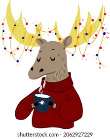 Cute Christmas deer in Christmas tree garland. Merry Christmas and Happy New Year card. Use for card, poster, banner, web design and print on t-shirt. Easy to edit. Vector illustration modern