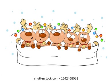 Cute Christmas deers with light bulb garland in their horns. Great illustration for your new year design.