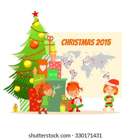 Cute christmas design concept with group of fairy elves with christmas gifts in front of christmas tree and world map. Vector illustration isolated on white