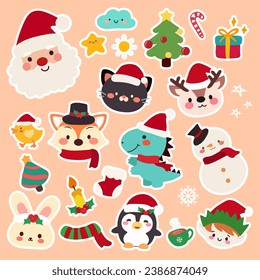 Cute Christmas Design Element Vector Illustration Set.Christmas set with colorful elements, Santa, deer, dino, cat, gifts, penguin,bunny,fox,snow man,duck, vector illustration in flat cartoon style.