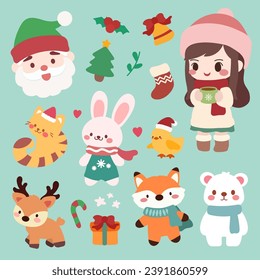 Cute Christmas Design Element Vector Illustration Set.Christmas set with colorful elements, Santa, deer, girl, cat, gifts, bear, bunny, fox, duck, vector illustration in flat cartoon style.