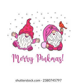 Cute Christmas design fun gnomes smiling and dancing. Pinkmas trend vector illustration. Christmas scandinavian gnome wearing pink color. For festive projects, greeting card, print, home decor.