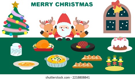 Cute Christmas dinner illustration. Santa Claus and reindeer enjoy festival dinner. Flat design, EPS10 Vector
