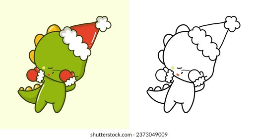 Cute Christmas Dino Clipart Illustration and Black and White. Funny Clip Art Christmas Dinosaur. Cute Vector Illustration of a Kawaii Animal for Christmas Stickers. 