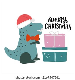 Cute Christmas dinosaur. Tyrannosaurus T rex dino face with Christmas eve gifts. Funny hand drawn cartoon vector winter holiday illustration.