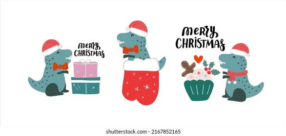 Cute Christmas dinosaur. Tyrannosaurus T rex set dino in Christmas socks, cupcake, Santa hat. Funny hand drawn cartoon vector winter holiday illustration.