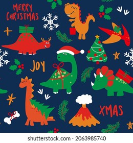 Cute christmas dinosaurs - Adorable t rex and tricerotops characters. Hand drawn doodle set for kids. Good for textiles, nursery, wallpaper, clothes. Roar words. Christmas gift wrapping paper.