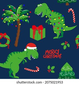 Cute christmas dinosaurs - Adorable t rex and tricerotops characters. Hand drawn doodle set for kids. Good for textiles, nursery, wallpaper, clothes. Roar words. Christmas gift wrapping paper.