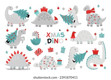 Cute Christmas dinosaurs character carrying fir tree and gift boxes, decorated with garlands vector illustration. Isolated set of funny dino Jurassic creature in santa hat celebrating winter holidays