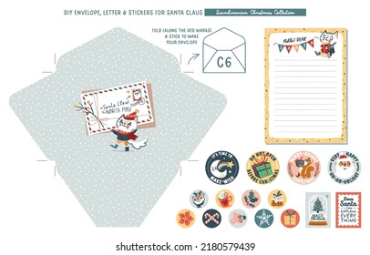 Cute Christmas DIY envelope, letter and stickers for Santa Claus. Isolated vector