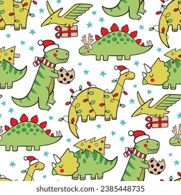 Cute Christmas doddle dinosaurs seamless pattern holiday background 