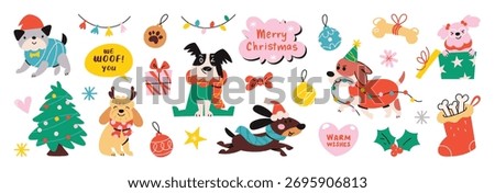 Cute Christmas dog cartoon vector set with Santa hats, presents and holiday decorations, great for stickers, gift wrapping, children’s projects and festive social media