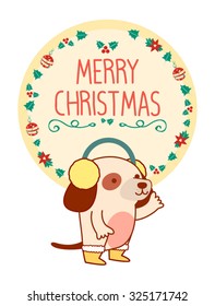 Cute Christmas Dog and mistletoe greeting card 
