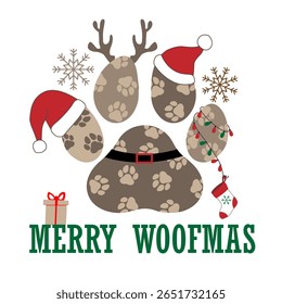 Cute Christmas dog paw print design with festive decorations like Santa hats, reindeer antlers, snowflakes, and a Christmas stocking. Features the phrase “Merry Woofmas” in bold green font.