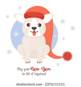 Cute Christmas dog in Santa hat with his tongue hanging out. Funny New Year gift pet on white background with snowflakes in cartoon style. Vector illustration.