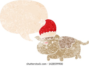 adorable perro navideño con burbuja de habla en un estilo retro angustiado estilo texturizado