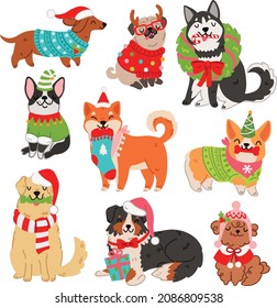 Cute Christmas Dog Vector Graphics Set