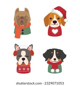 Cute Christmas Dog Vector Graphics set. Merry Christmas illustrations of cute pets with accessories like a knitted hats, sweaters, scarfs, vector graphic elements