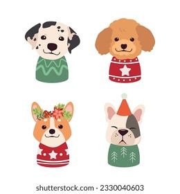 Cute Christmas Dog Vector Graphics set. Merry Christmas illustrations of cute pets with accessories like a knitted hats, sweaters, scarfs, vector graphic elements