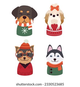 Cute Christmas Dog Vector Graphics set. Merry Christmas illustrations of cute pets with accessories like a knitted hats, sweaters, scarfs, vector graphic elements