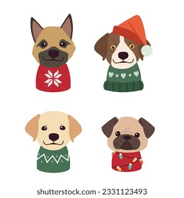 Cute Christmas Dog Vector Graphics set. Merry Christmas illustrations of cute pets with accessories like a knitted hats, sweaters, scarfs, vector graphic elements